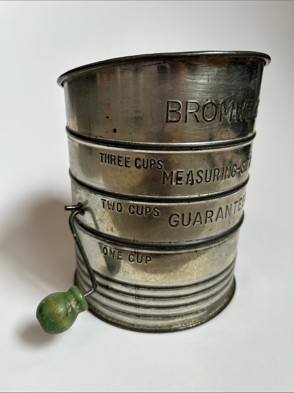 Vintage Bromwell’s 3 c. Metal Flour Sifter with Green Wooden Handle